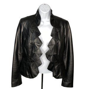 White House Black Market Black Leather Jacket Open Front Ruffle Trim Front XS